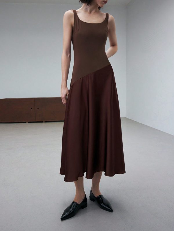 Coffee Color U-Neck Asymmetric Hem Satin Elegant Retro Midi Dress