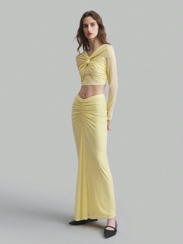 Women Cream Yellow Maxi Skirt With Crinkle Design Top With Twist Detail