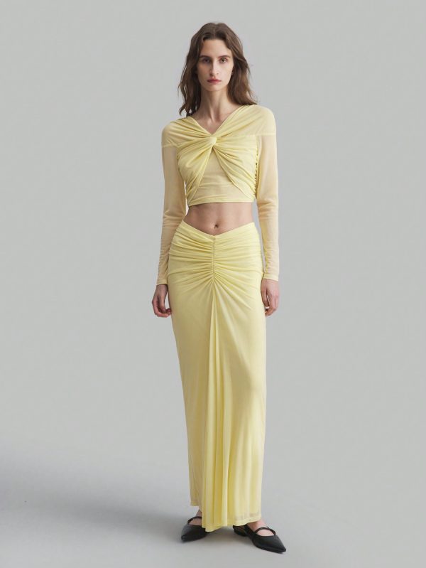 Women Cream Yellow Maxi Skirt With Crinkle Design Top With Twist Detail