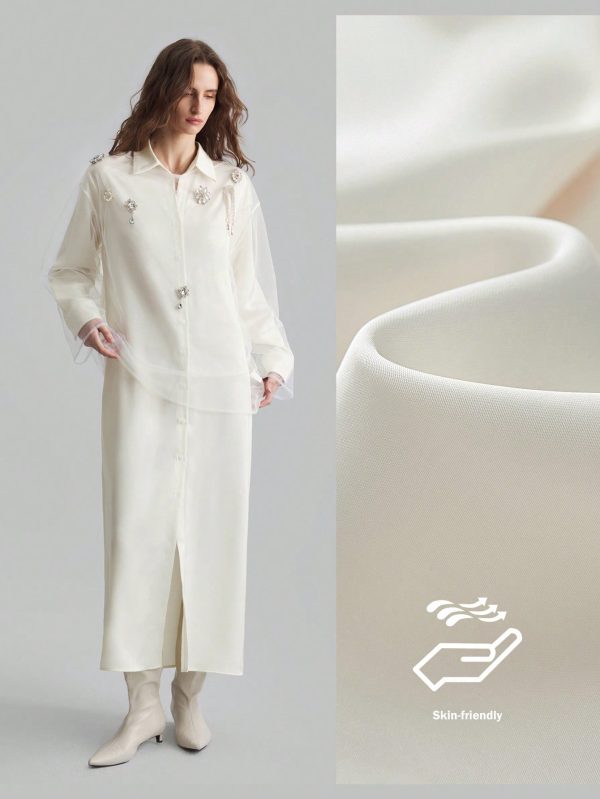 1pc Women Long Silk Dress, Elegant Milky White, For Autumn/Winter Wear