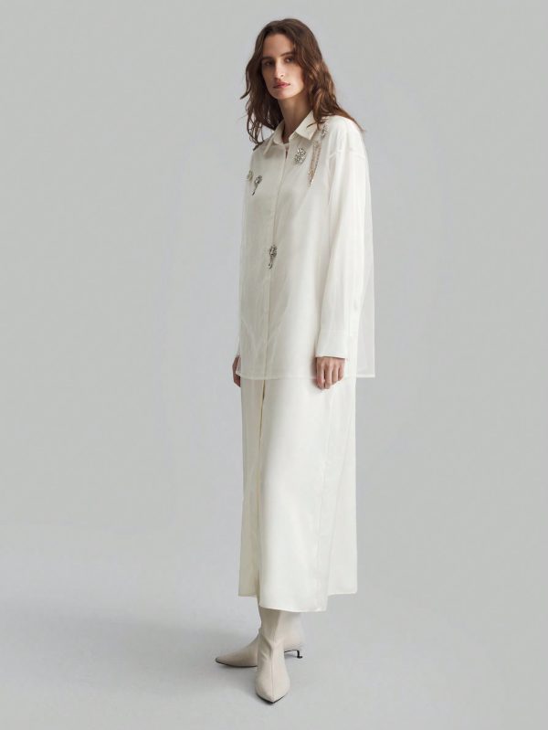 1pc Women Long Silk Dress, Elegant Milky White, For Autumn/Winter Wear