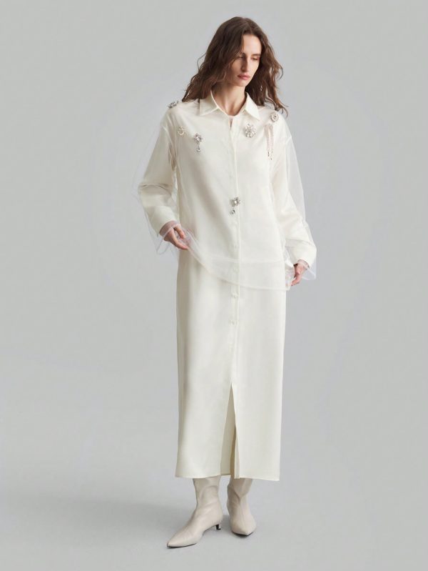 1pc Women Long Silk Dress, Elegant Milky White, For Autumn/Winter Wear