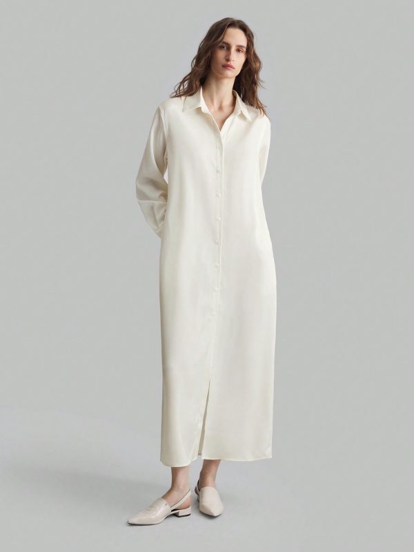 1pc Women Long Silk Dress, Elegant Milky White, For Autumn/Winter Wear