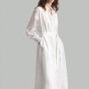 White Embroidered Linen Casual Shirtwaist Dress With Lining