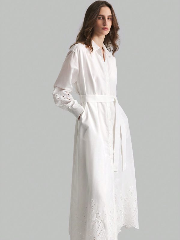 White Embroidered Linen Casual Shirtwaist Dress With Lining
