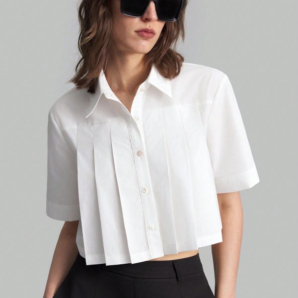 Women Summer Solid Color Pleated Short Sleeve Casual Shirt, Autumn Clothing, Back To School, Outerwear, Cotton