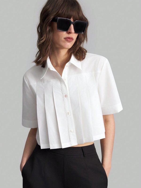 Women Summer Solid Color Pleated Short Sleeve Casual Shirt, Autumn Clothing, Back To School, Outerwear, Cotton