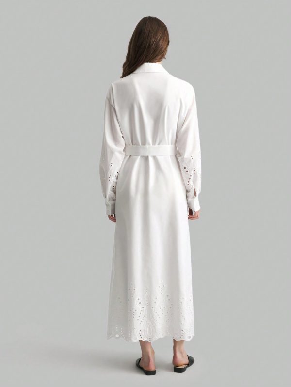 White Embroidered Linen Casual Shirtwaist Dress With Lining