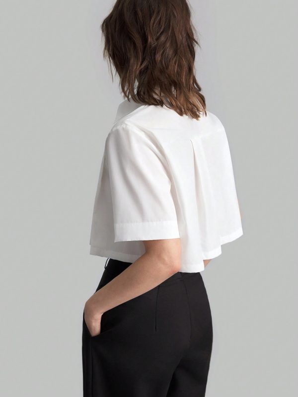 Women Summer Solid Color Pleated Short Sleeve Casual Shirt, Autumn Clothing, Back To School, Outerwear, Cotton