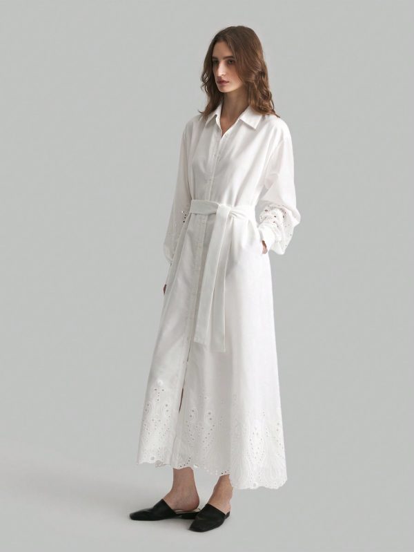 White Embroidered Linen Casual Shirtwaist Dress With Lining