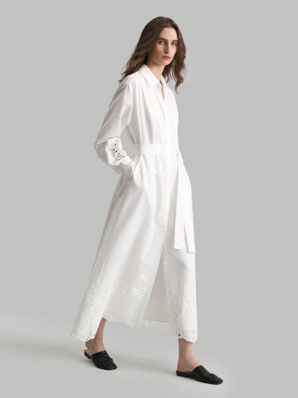 White Embroidered Linen Casual Shirtwaist Dress With Lining