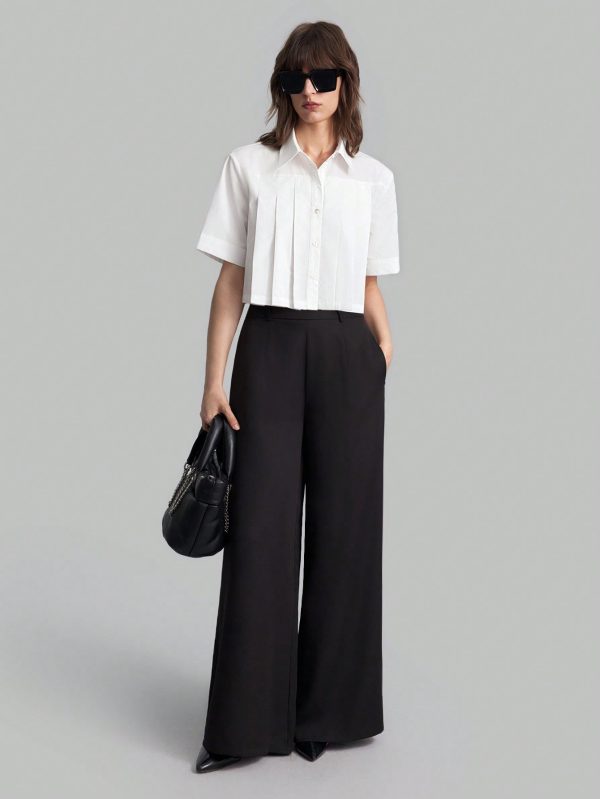 Women Summer Solid Color Pleated Short Sleeve Casual Shirt, Autumn Clothing, Back To School, Outerwear, Cotton