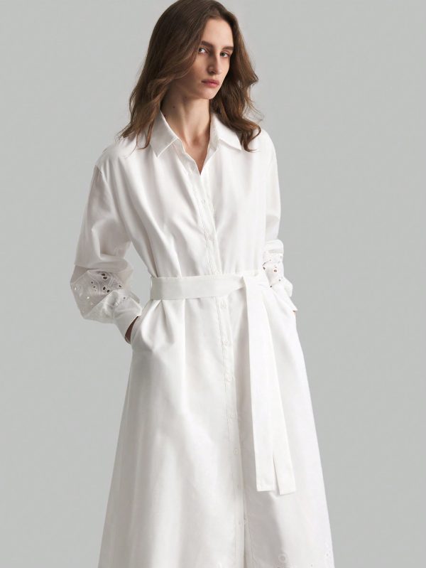 White Embroidered Linen Casual Shirtwaist Dress With Lining