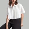 Women Summer Solid Color Pleated Short Sleeve Casual Shirt, Autumn Clothing, Back To School, Outerwear, Cotton