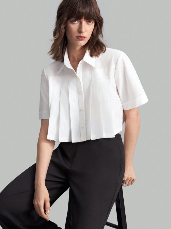 Women Summer Solid Color Pleated Short Sleeve Casual Shirt, Autumn Clothing, Back To School, Outerwear, Cotton