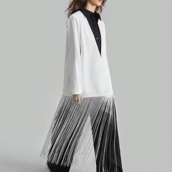 Women's Fashion Autumn Contrast Color Splicing Tassel Hem Blouse