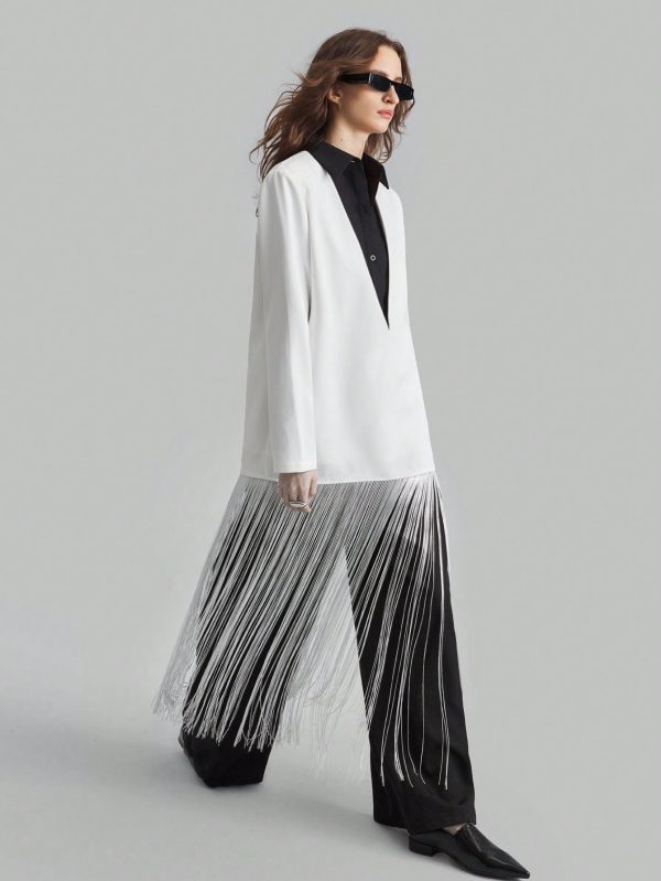 Women's Fashion Autumn Contrast Color Splicing Tassel Hem Blouse
