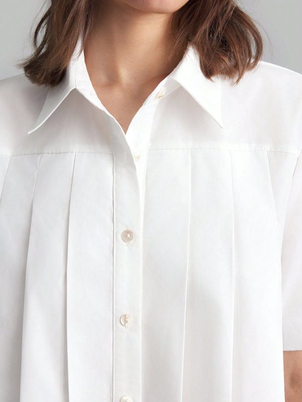Women Summer Solid Color Pleated Short Sleeve Casual Shirt, Autumn Clothing, Back To School, Outerwear, Cotton