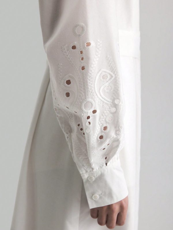 White Embroidered Linen Casual Shirtwaist Dress With Lining