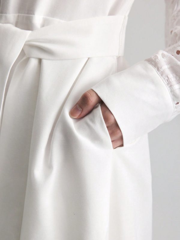 White Embroidered Linen Casual Shirtwaist Dress With Lining