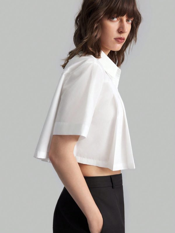 Women Summer Solid Color Pleated Short Sleeve Casual Shirt, Autumn Clothing, Back To School, Outerwear, Cotton
