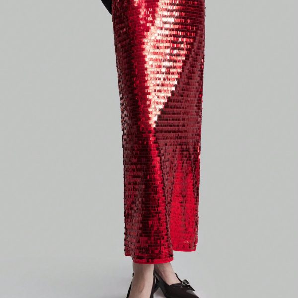 Women's Deep Red Sequin Embellished High Waist Elegant Party Maxi Skirt