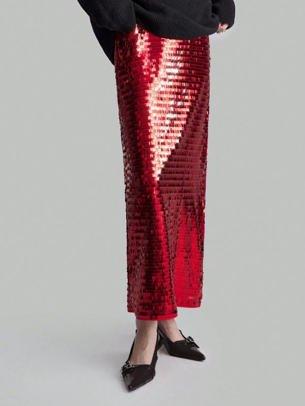 Women's Deep Red Sequin Embellished High Waist Elegant Party Maxi Skirt
