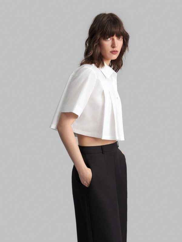 Women Summer Solid Color Pleated Short Sleeve Casual Shirt, Autumn Clothing, Back To School, Outerwear, Cotton