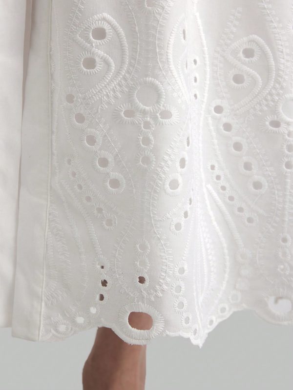 White Embroidered Linen Casual Shirtwaist Dress With Lining