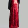 Women's Deep Red Sequin Embellished High Waist Elegant Party Maxi Skirt