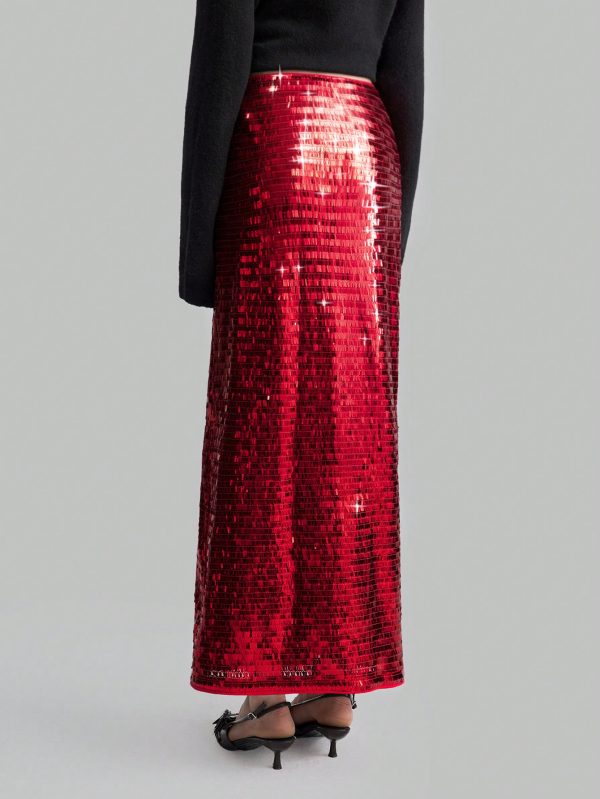 Women's Deep Red Sequin Embellished High Waist Elegant Party Maxi Skirt
