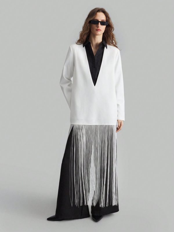 Women's Fashion Autumn Contrast Color Splicing Tassel Hem Blouse