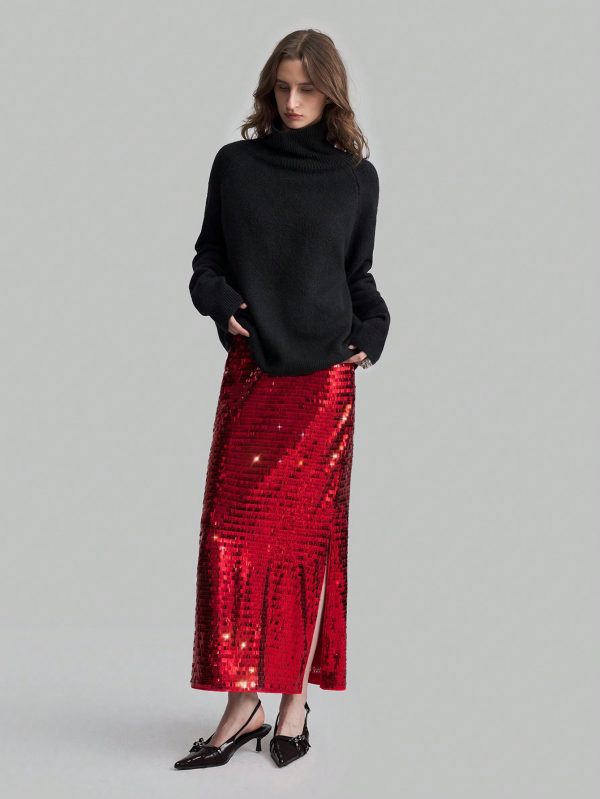 Women's Deep Red Sequin Embellished High Waist Elegant Party Maxi Skirt