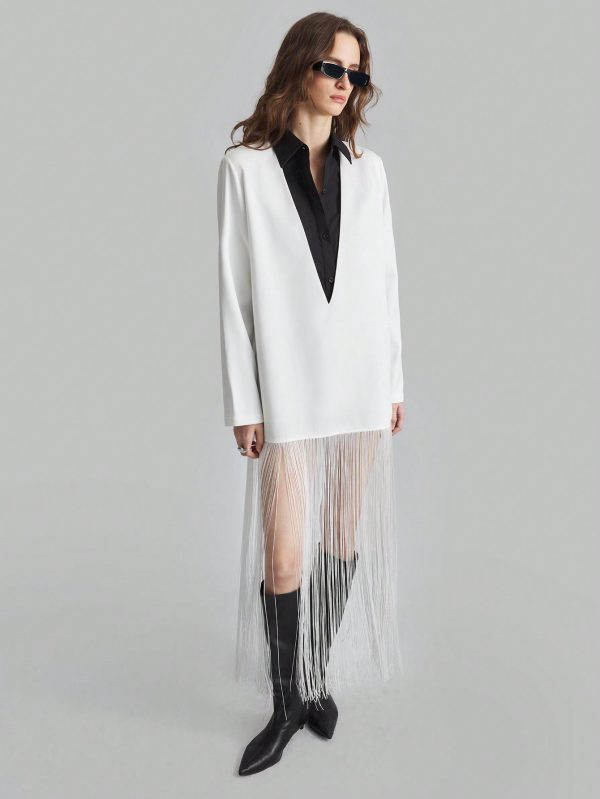 Women's Fashion Autumn Contrast Color Splicing Tassel Hem Blouse