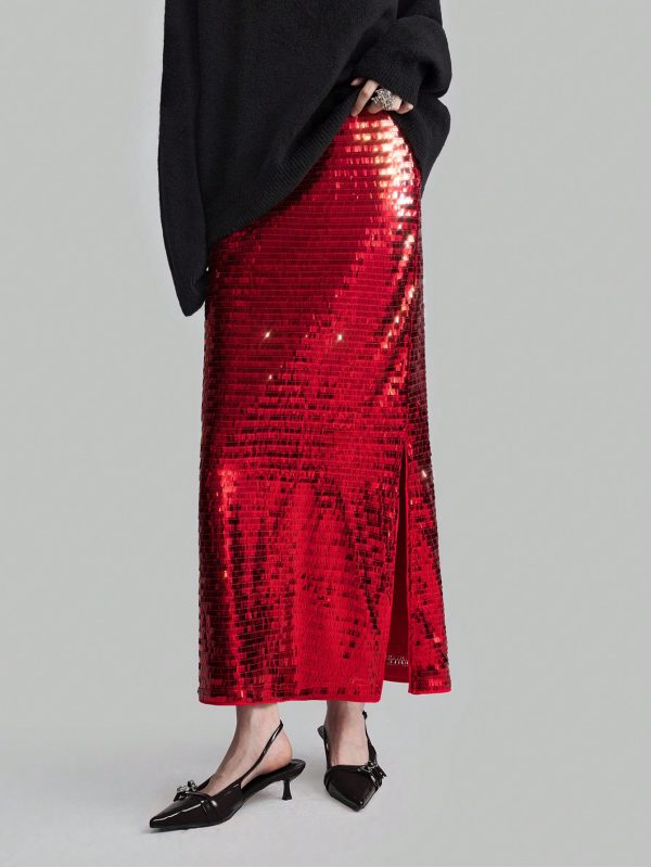 Women's Deep Red Sequin Embellished High Waist Elegant Party Maxi Skirt