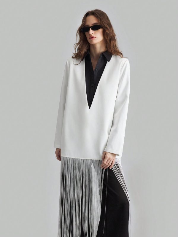 Women's Fashion Autumn Contrast Color Splicing Tassel Hem Blouse