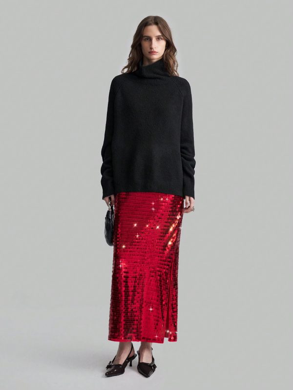Women's Deep Red Sequin Embellished High Waist Elegant Party Maxi Skirt