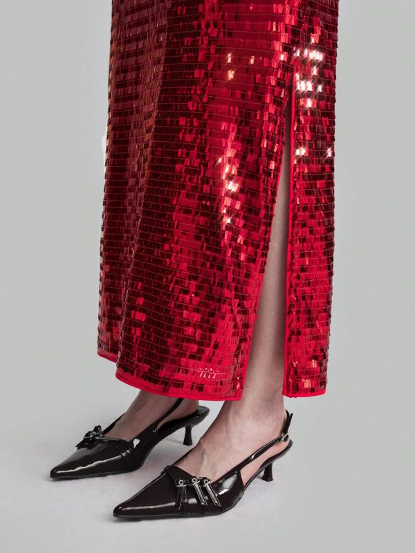 Women's Deep Red Sequin Embellished High Waist Elegant Party Maxi Skirt