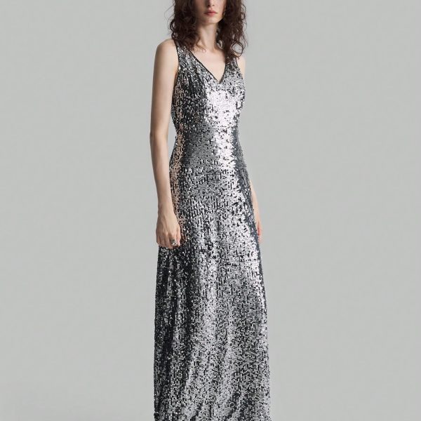 Silver Sequin V-Neck Slit Elegant Evening Party Dress