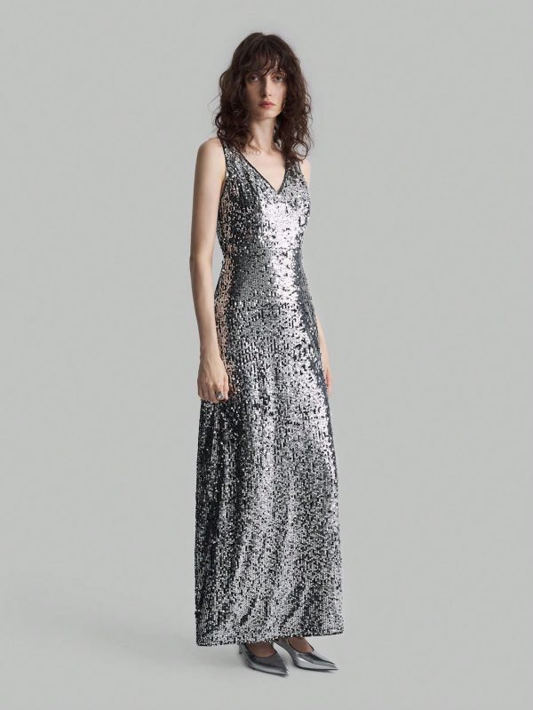 Silver Sequin V-Neck Slit Elegant Evening Party Dress