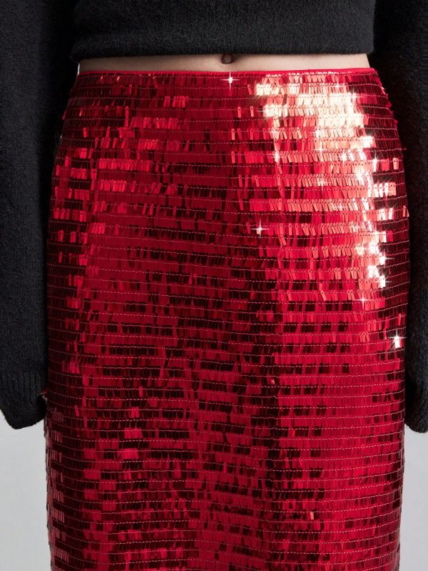 Women's Deep Red Sequin Embellished High Waist Elegant Party Maxi Skirt