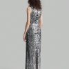 Silver Sequin V-Neck Slit Elegant Evening Party Dress