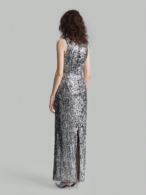 Silver Sequin V-Neck Slit Elegant Evening Party Dress
