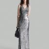 Silver Sequin V-Neck Slit Elegant Evening Party Dress