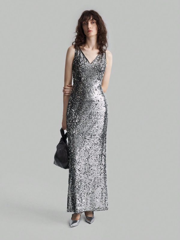 Silver Sequin V-Neck Slit Elegant Evening Party Dress