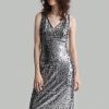 Silver Sequin V-Neck Slit Elegant Evening Party Dress