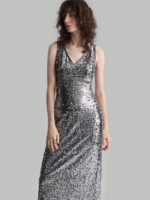Silver Sequin V-Neck Slit Elegant Evening Party Dress