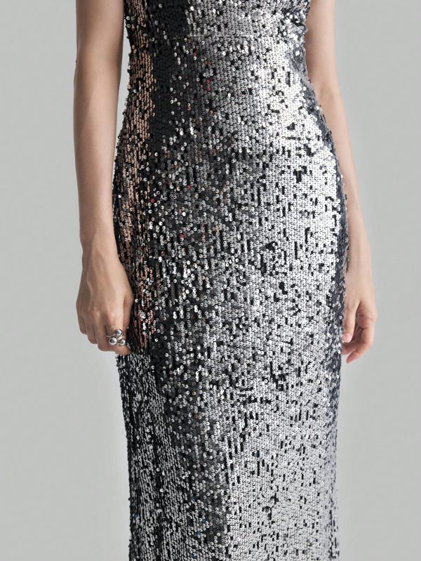 Silver Sequin V-Neck Slit Elegant Evening Party Dress