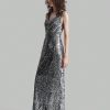 Silver Sequin V-Neck Slit Elegant Evening Party Dress