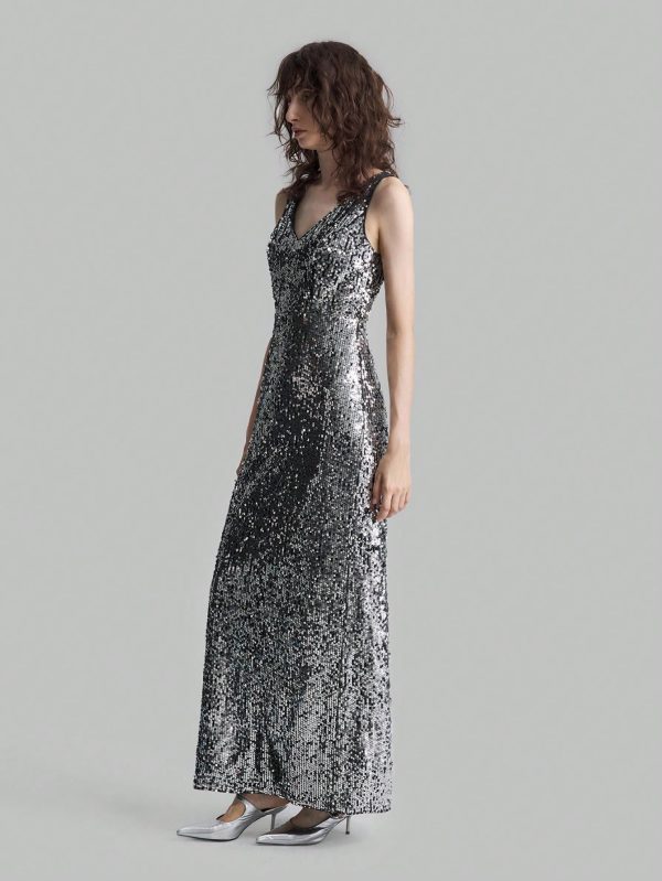 Silver Sequin V-Neck Slit Elegant Evening Party Dress